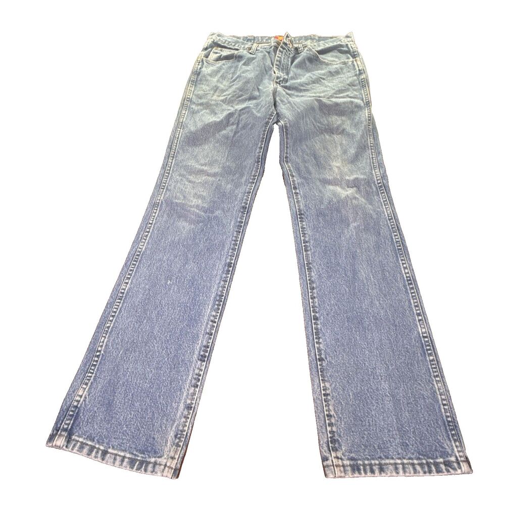 Wrangler 36MWZ Jeans Mens 34x34 Medium Wash Blue Denim Slim Straight Cowboy Cut